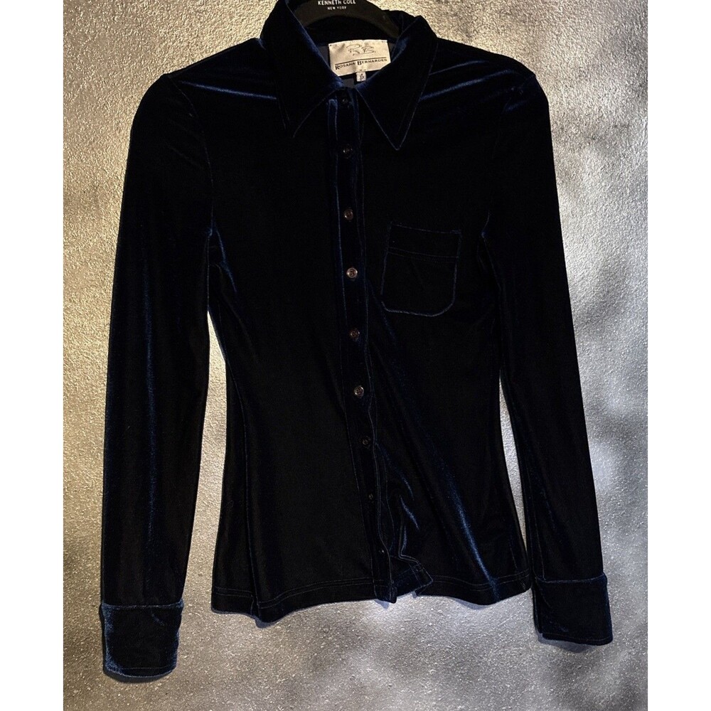 Rosanna Bernardes Long Sleeve Dark Blue Velour Velvet Shirt Top S Vintage Fall
